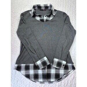 DJT Grey Balck & White Plaid Long Sleeve Collared blouse size medium